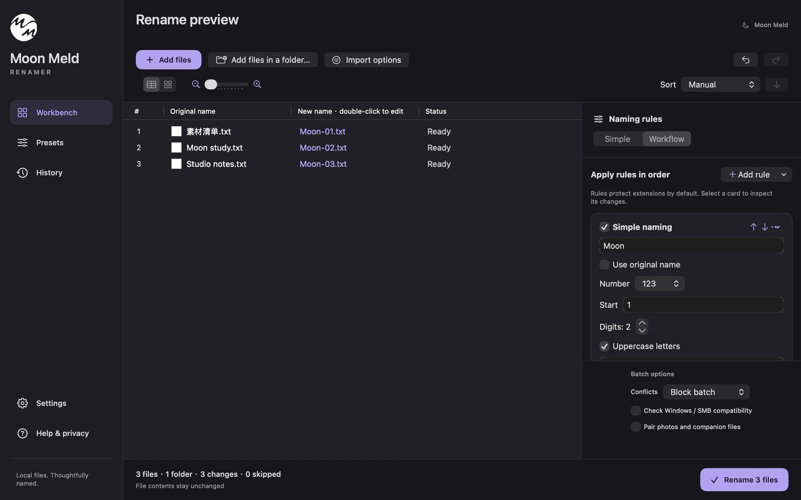 Moon Meld Renamer showing original filenames, new filenames, and a naming workflow