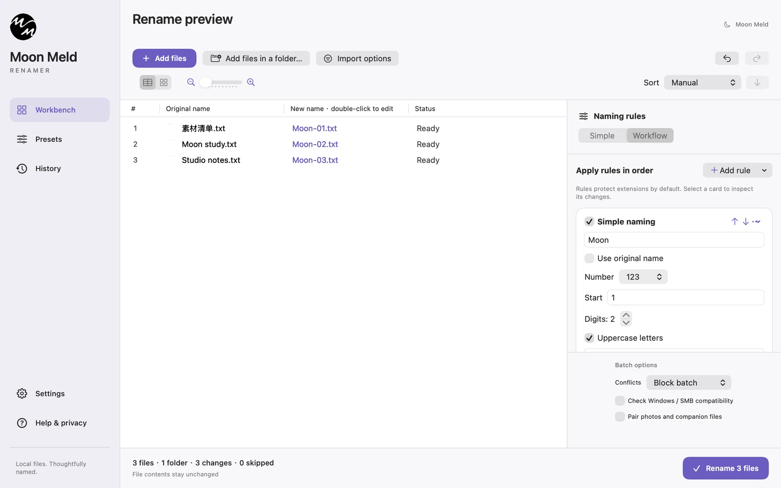 Moon Meld Renamer showing original filenames, new filenames, and a naming workflow